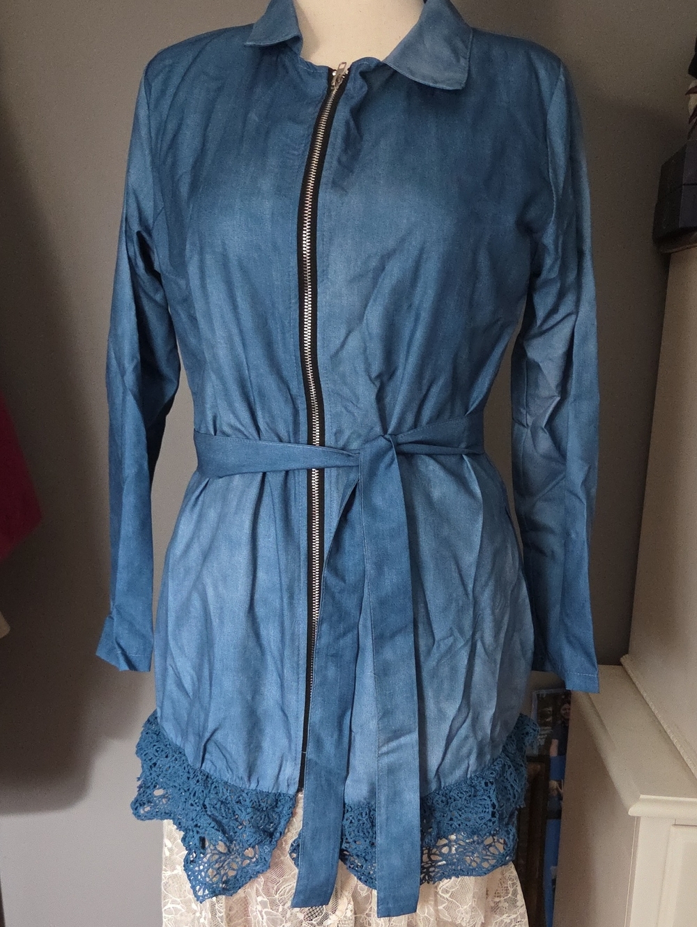 SHEIN Blue Zip-Front Belted Trench with Crochet Hem
